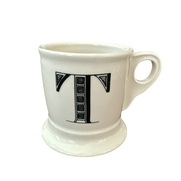 Anthropologie Monogram T Initial Ceramic White Black Shaver Coffee Tea Mug Cup - Picture 1 of 7